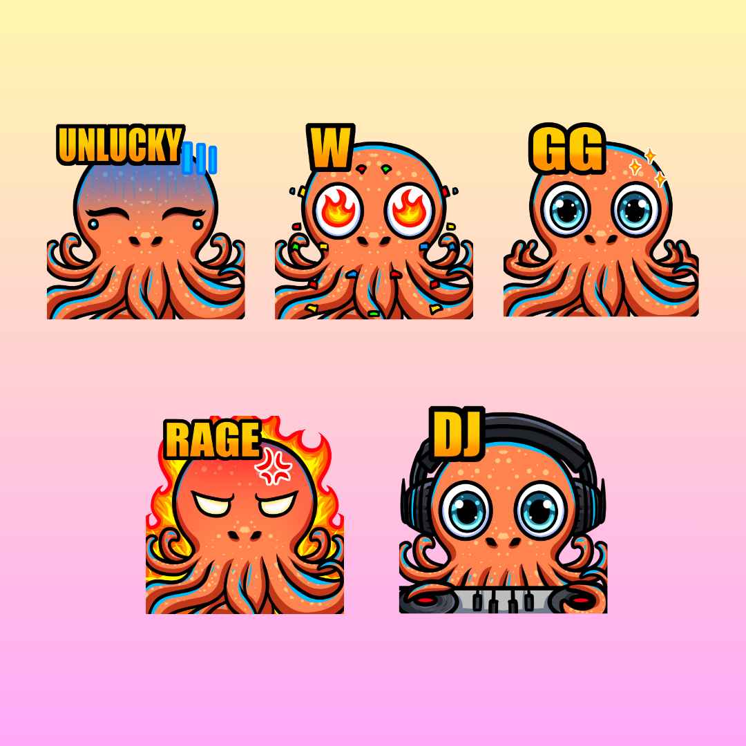 Add flair to your stream with custom octopus Twitch emote commissions! Featuring GG, W, UNLUCKY, DJ, and RAGE reactions, these emotes are perfect for Twitch, Discord, YouTube, and more.