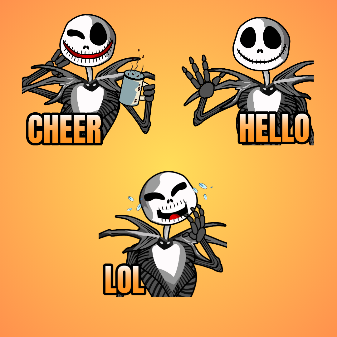 Custom Jack Skellington Twitch Emote Commissions - Bring Halloween Town to Your Stream
Infuse your Twitch stream with the spooky charm of Halloween Town with our exclusive Jack Skellington emote pack. Inspired by the iconic protagonist of the 1993 film The Nightmare Before Christmas, these high-quality emotes showcase Jack's unique expressions, perfect for adding a touch of whimsy and excitement to your channel. Whether you're streaming on Twitch, chatting on Discord, or sharing videos on YouTube, our Jack Skellington emotes will captivate your audience and make your stream unforgettable.

Key Features:

Iconic Designs: Custom emotes featuring Jack Skellington, the Pumpkin King of Halloween Town.
Versatile Use: Ideal for Twitch, Discord, YouTube, and any platform that supports emotes.
High Quality: Professionally designed emotes to enhance your stream's visual appeal.
Expressive Collection: Includes a range of Jack Skellington expressions to suit any moment.

Why Choose Our Jack Skellington Emotes? Our Twitch emote commissions are crafted with care and attention to detail, ensuring each emote captures Jack Skellington's distinctive personality and expressions. Perfect for fans of The Nightmare Before Christmas, these emotes will add a unique and engaging element to your stream, helping you stand out and connect with your audience.

Order your Jack Skellington emote pack today and transform your streaming experience with these captivating and expressive designs